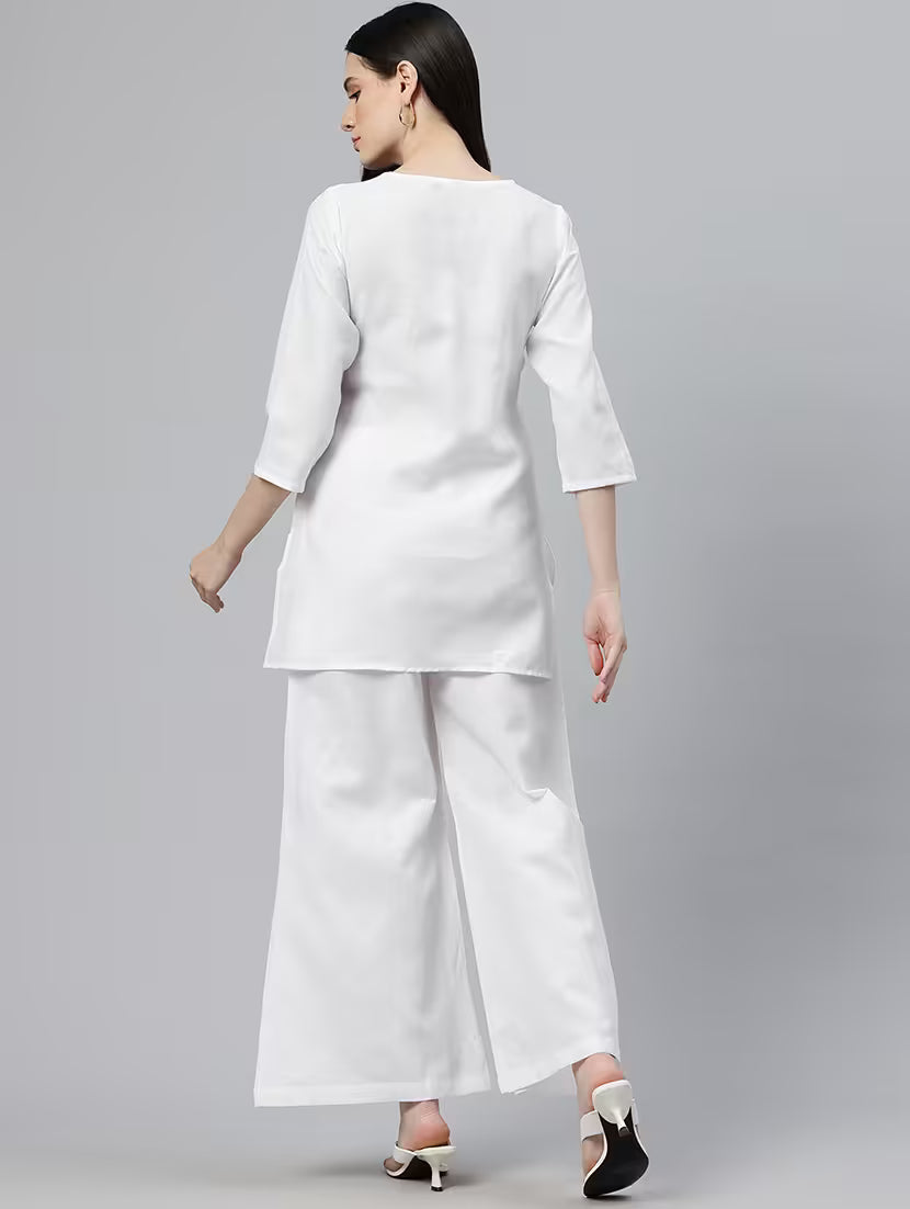 women solid three quarter sleeves top & palazzo co-ord set