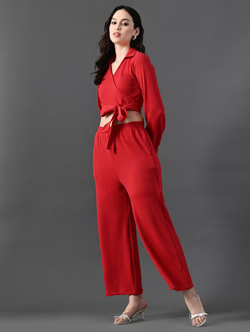 women solid wrap top and trouser co-ord set