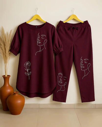 Face Floral Elegance – Wine Co-Ord Set