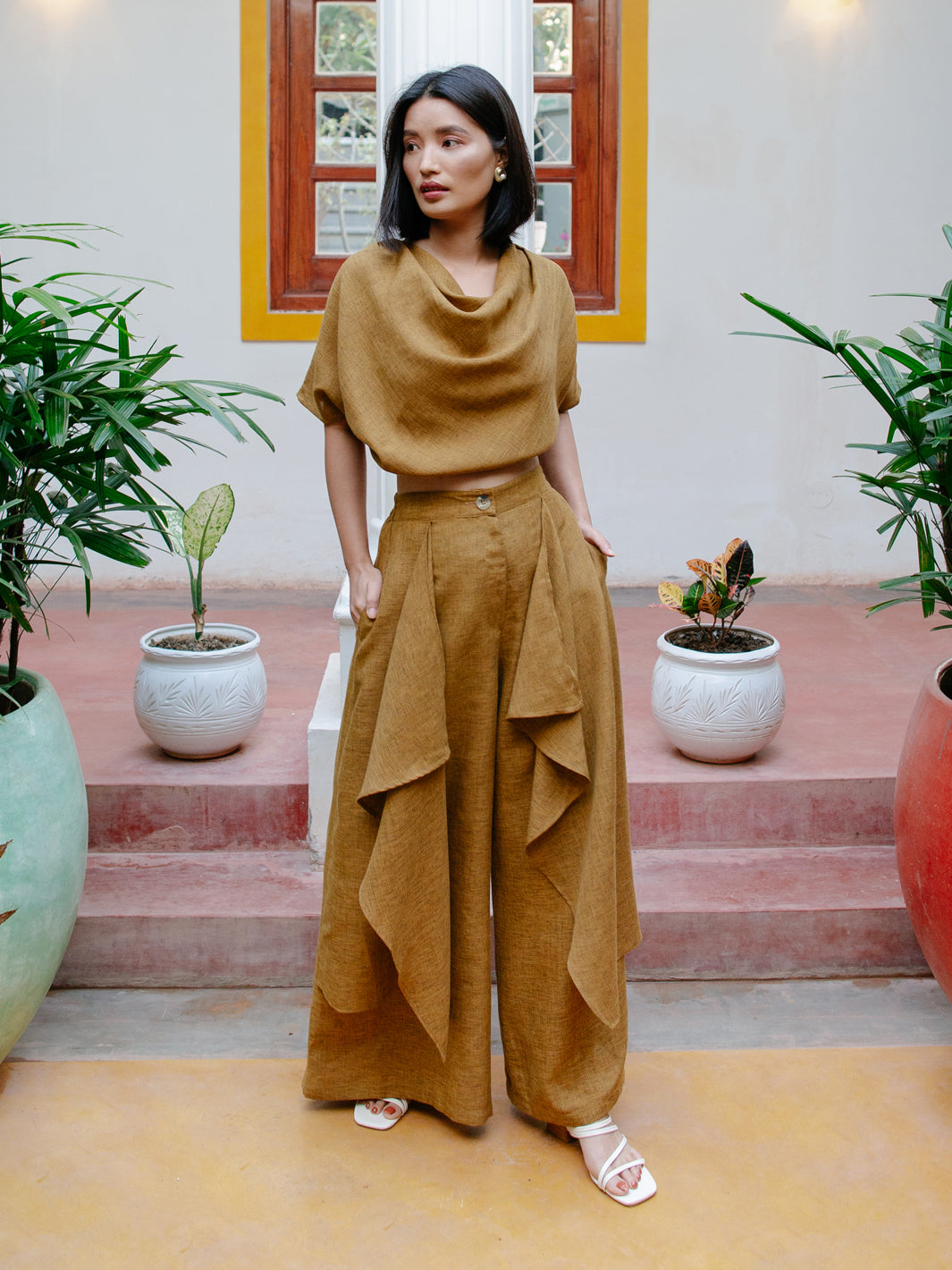 Chic Mustard Cowl Top