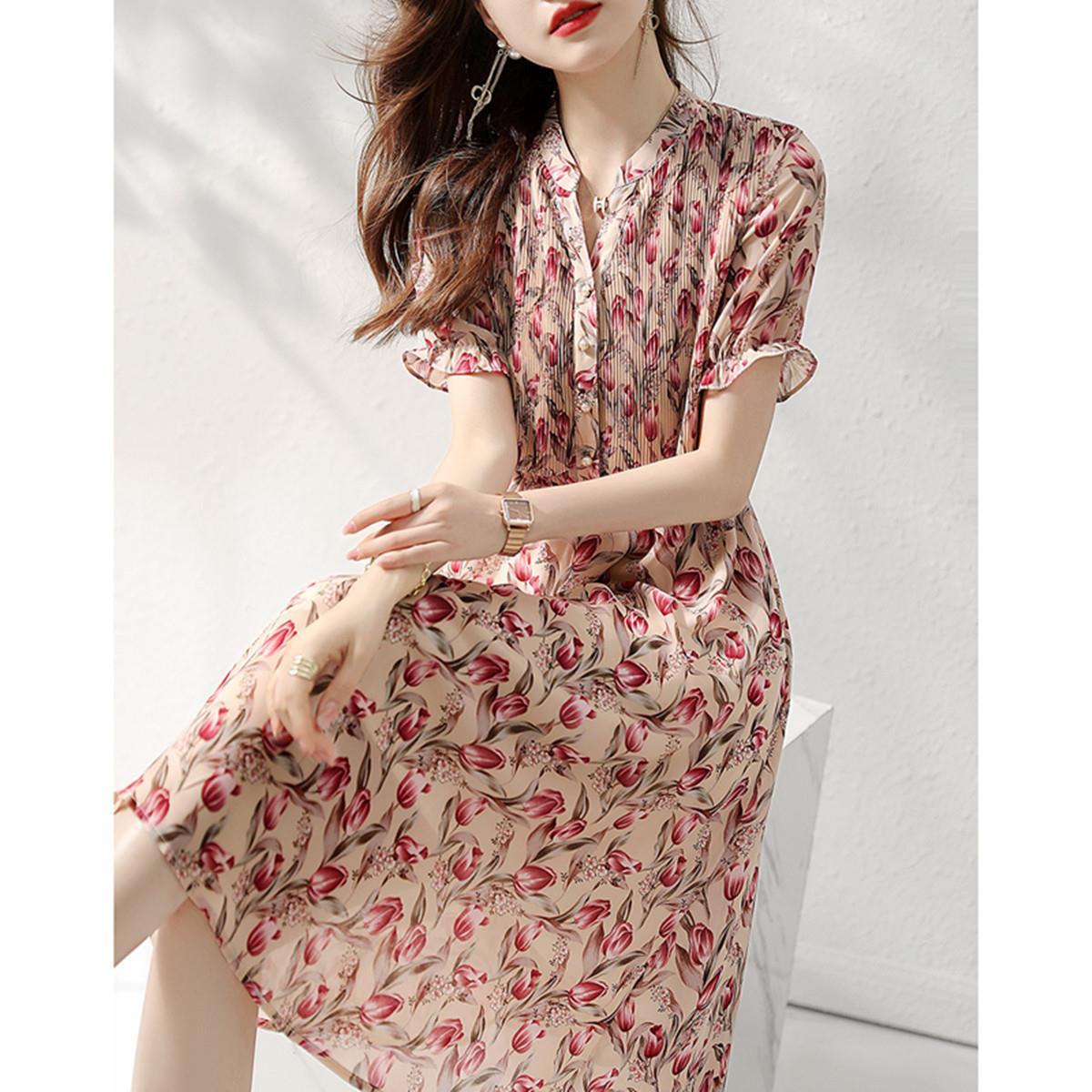 Elegant Floral Silk Chiffon Dress