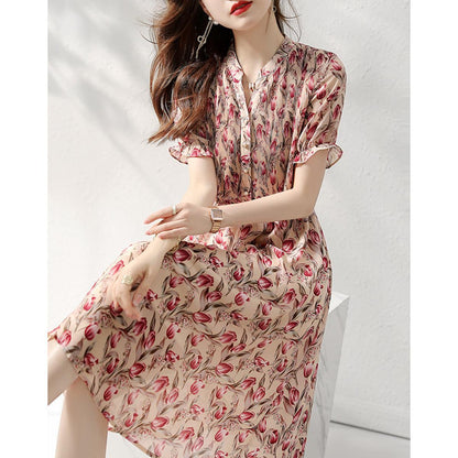 Elegant Floral Silk Chiffon Dress