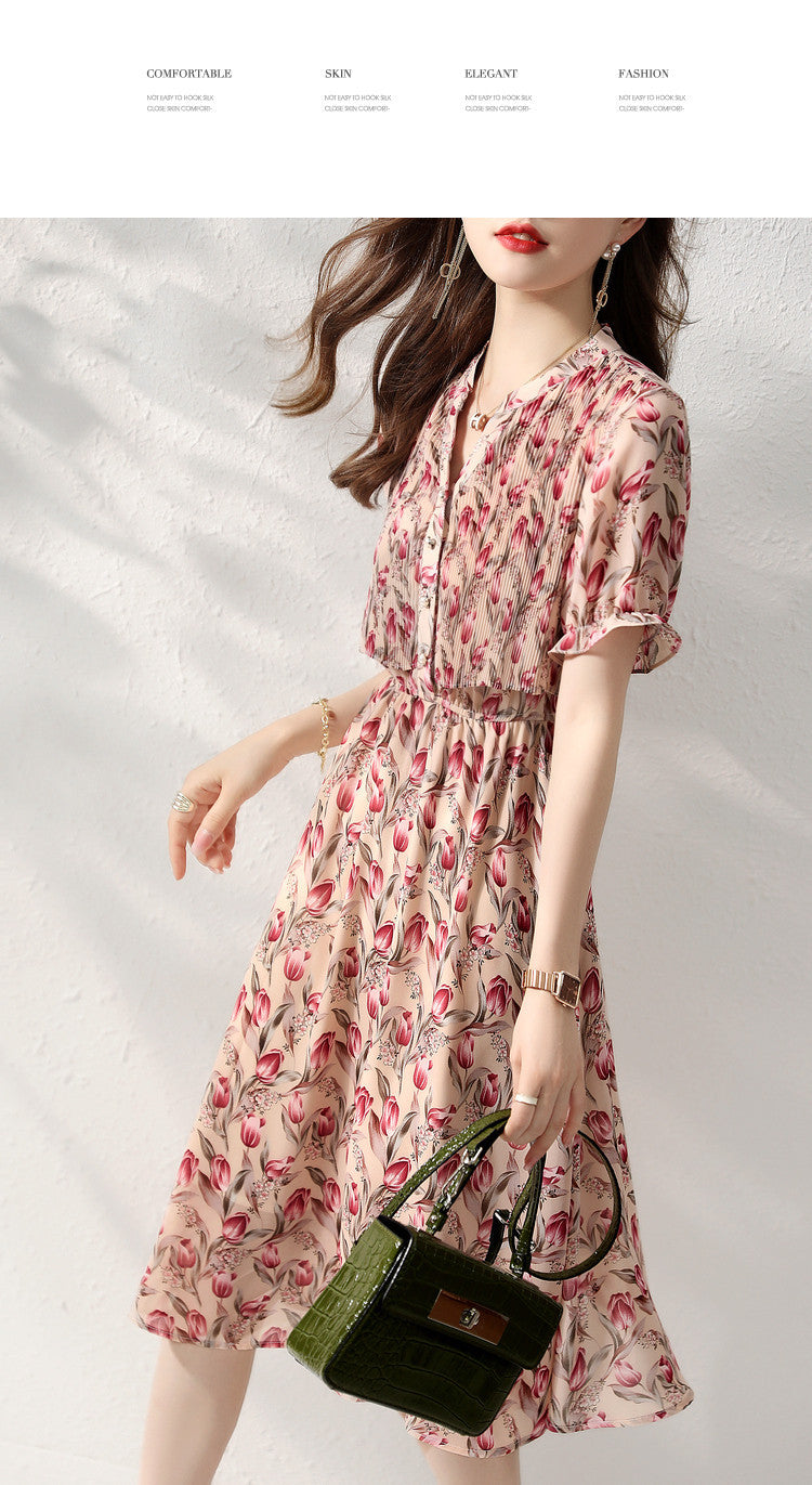 Elegant Floral Silk Chiffon Dress