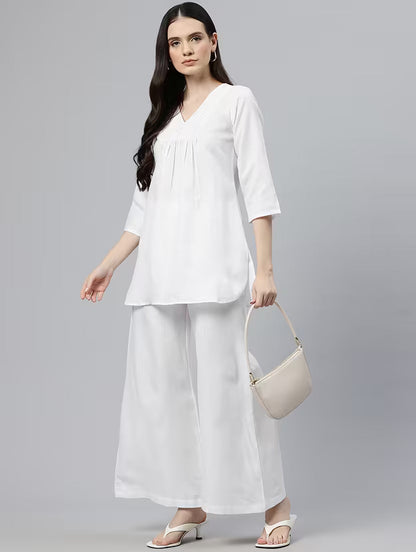 women solid three quarter sleeves top & palazzo co-ord set