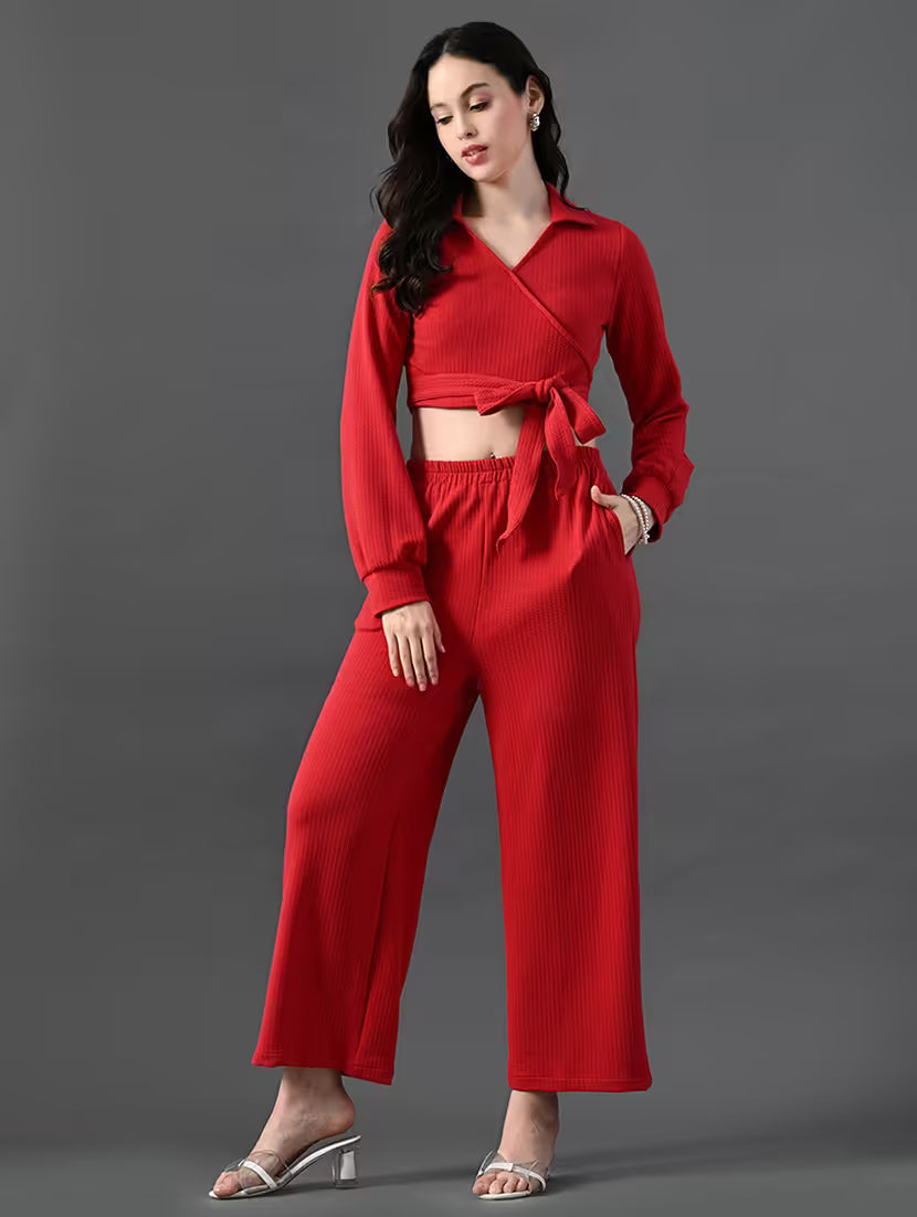 women solid wrap top and trouser co-ord set