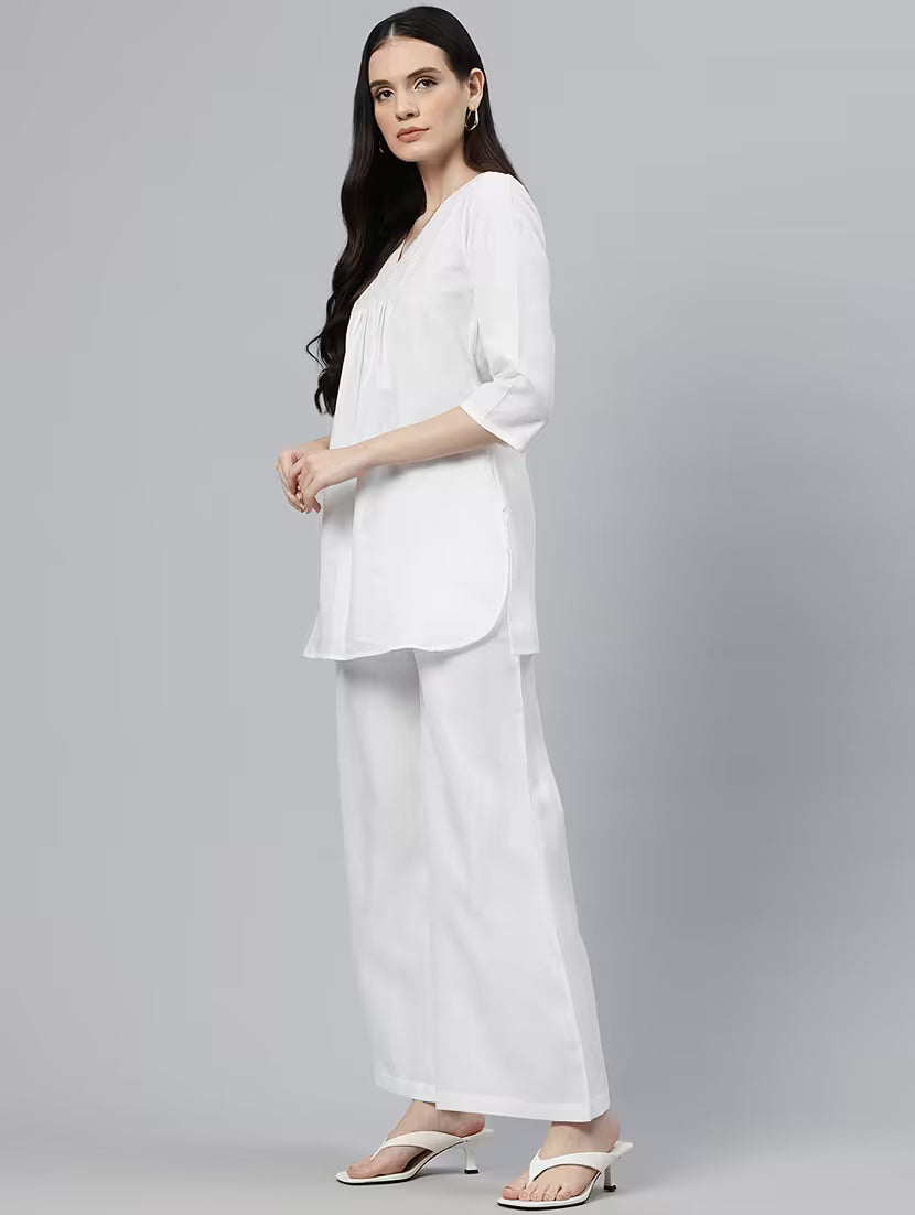 women solid three quarter sleeves top & palazzo co-ord set