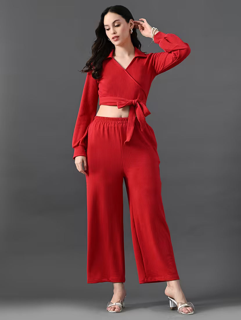 women solid wrap top and trouser co-ord set