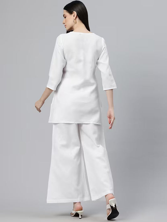 women solid three quarter sleeves top & palazzo co-ord set