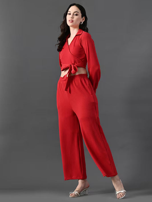 women solid wrap top and trouser co-ord set